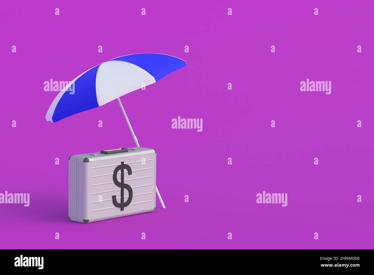 Suitcase with symbol of dollar near umbrella. Investment protection concept. Special conditions for keeping funds, servicing bank accounts. Copy space Stock Photo