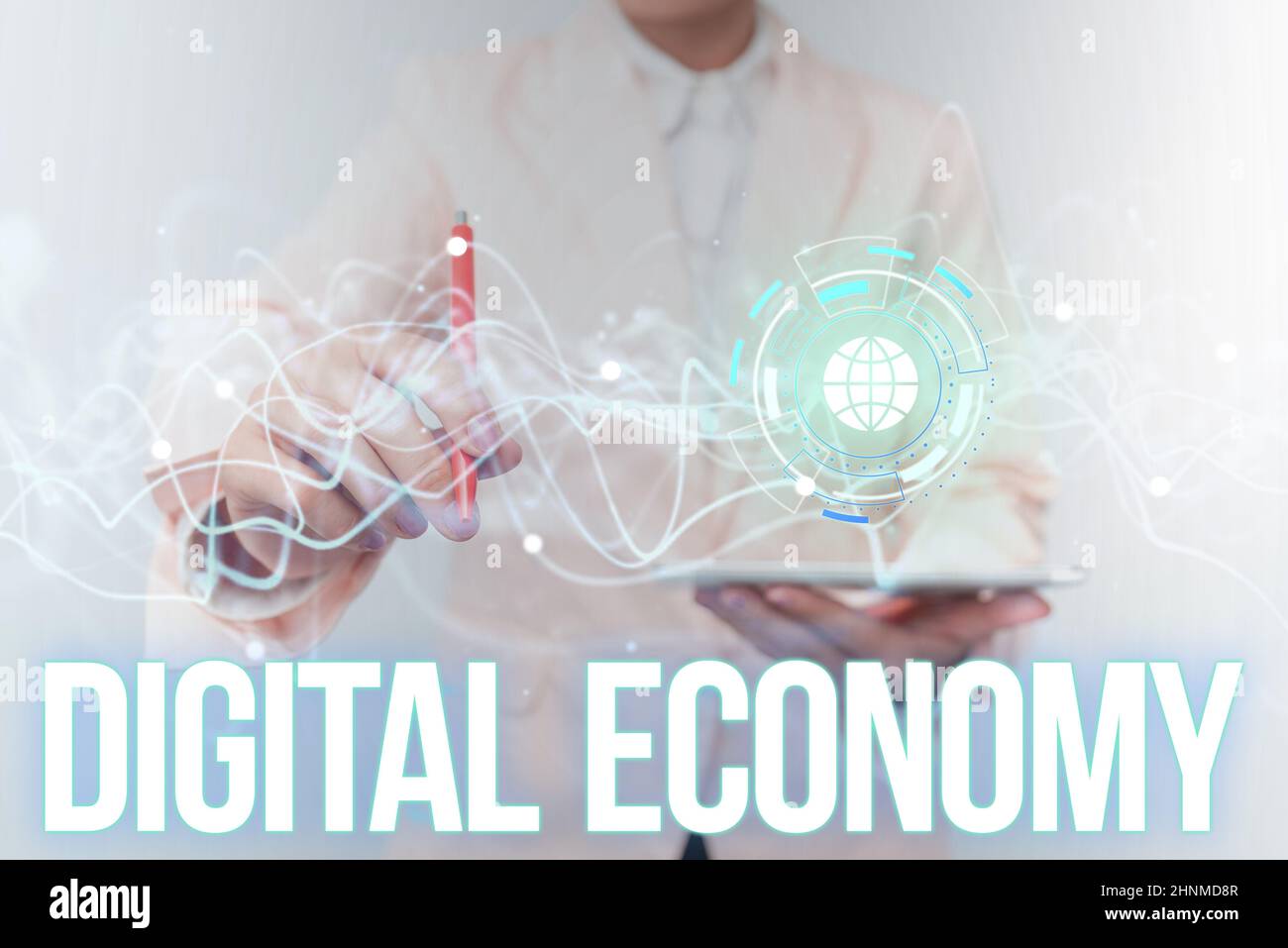 Handwriting text Digital Economy, Business concept worldwide network of economic activities and technologies Lady In Uniform Using Futuristic Mobile H Stock Photo