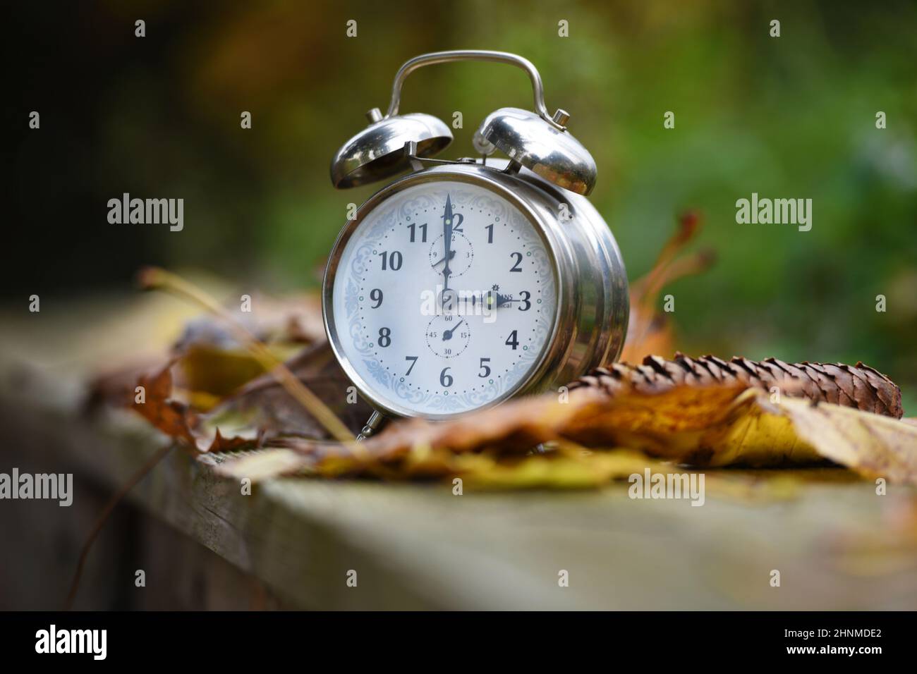 Zeitumstellung von Sommzeit auf Winterzeit im Herbst, Wecker im Laub - Time change from summer to winter time in autumn, alarm clock in the leaves Stock Photo