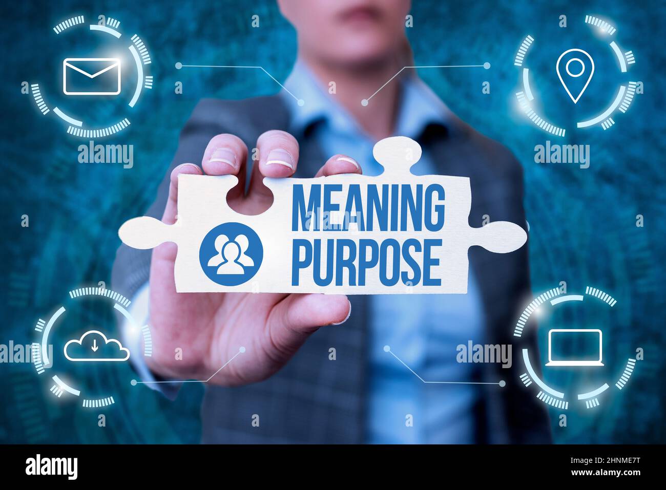 Text sign showing Meaning Purpose, Word for The reason for which something is done or created and exists Business Woman Holding Jigsaw Puzzle Piece Un Stock Photo