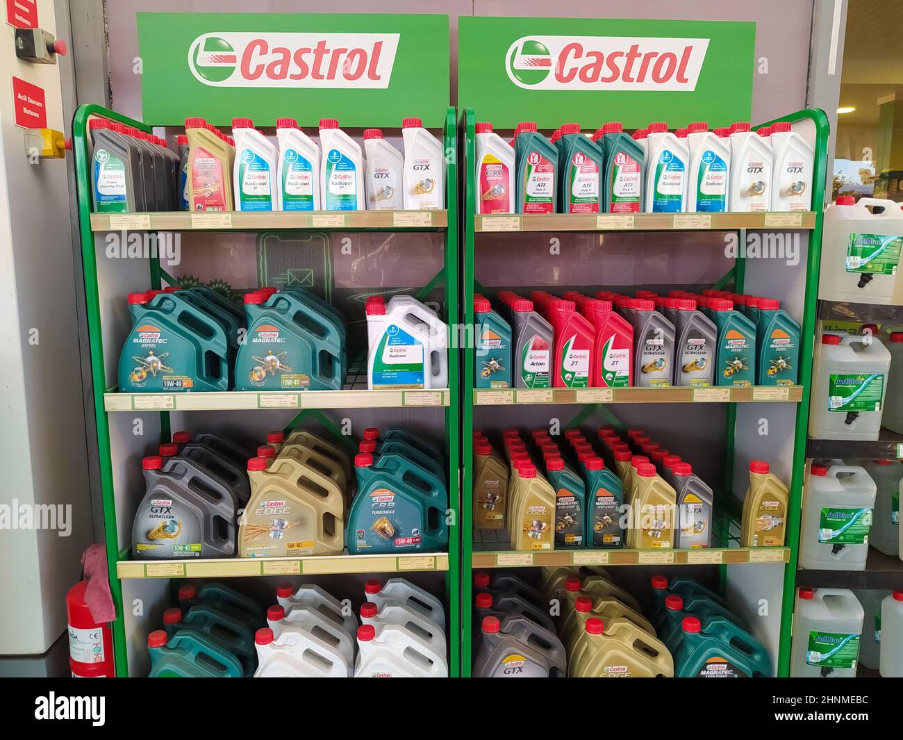 Antalya, Turkey - May 11, 2021: Castrol motor oil on a store at BP petrol station at Antalya, Turkey on May 11, 2021 Stock Photo