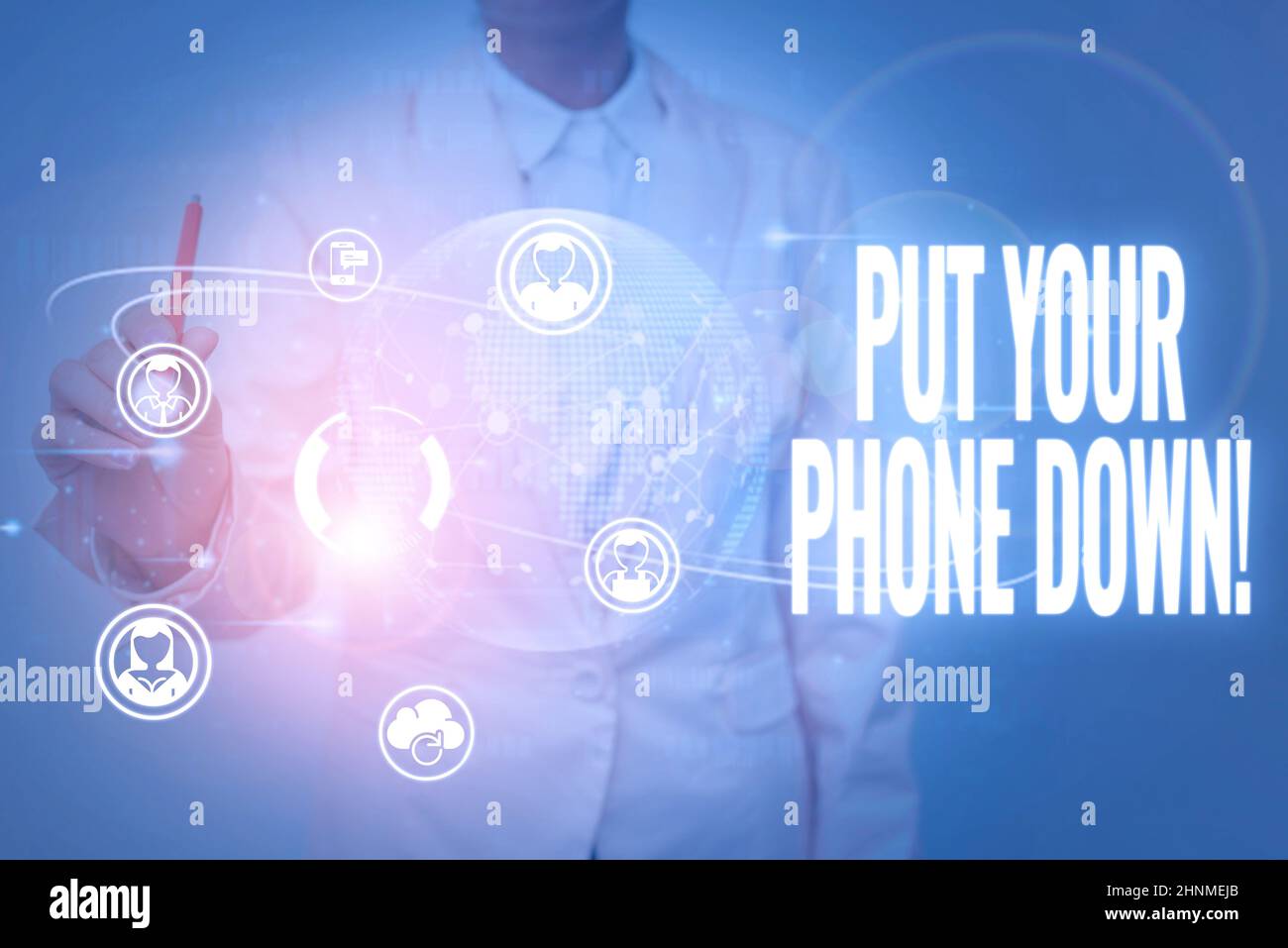 Sign displaying Put Your Phone Down. Conceptual photo end telephone connection saying goodbye caller Lady In Uniform Holding Tablet In Hand Virtually Typing Futuristic Tech. Stock Photo