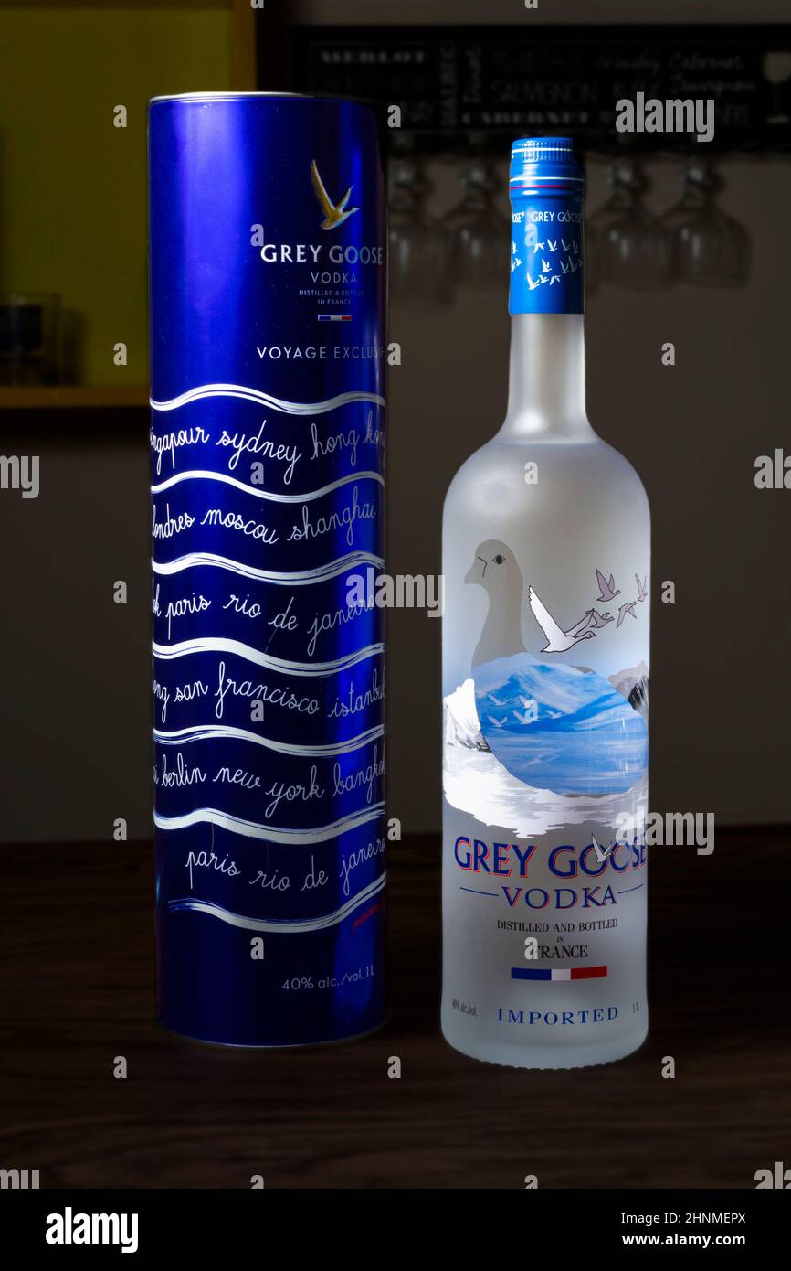 São Paulo, SP, Brazil, 15 JULY 2021 - Bottle of Grey Goose, a brand of French vodka. Special Voyage Exclusive. Stock Photo