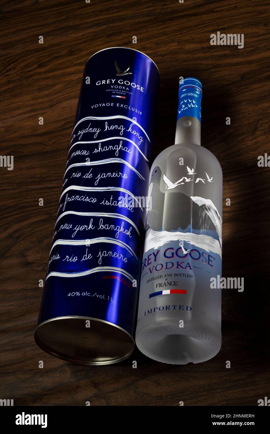 São Paulo, SP, Brazil, 15 JULY 2021 - Bottle of Grey Goose, a brand of French vodka. Special Voyage Exclusif. Stock Photo