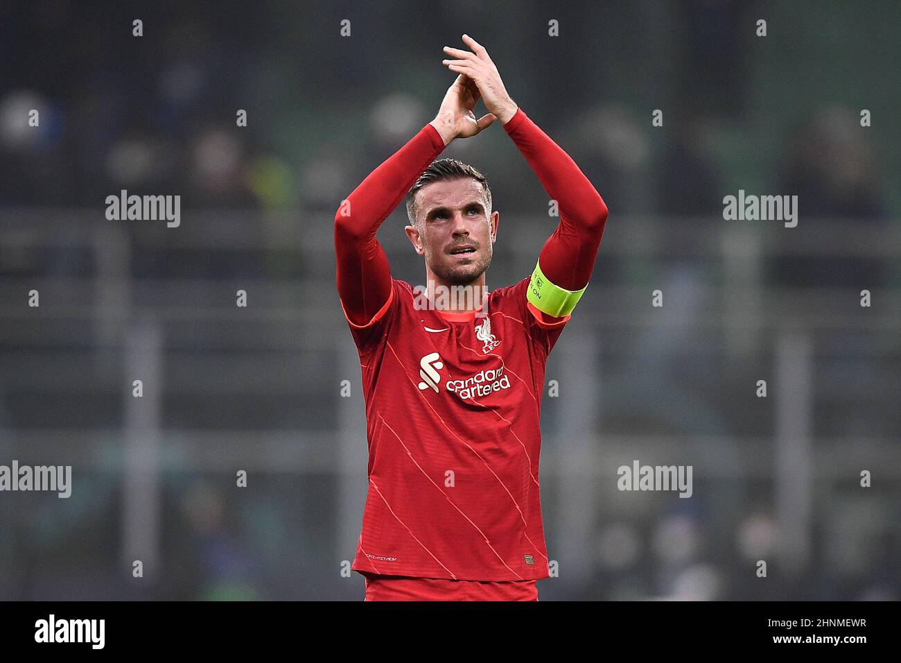 Milan, Italy. 16 February 2022. Jordan Henderson of Liverpool FC gestures at the end of the Champions League round of sixteen first leg football match between FC Internazionale and Liverpool FC. Credit: Nicolò Campo/Alamy Live News Stock Photo