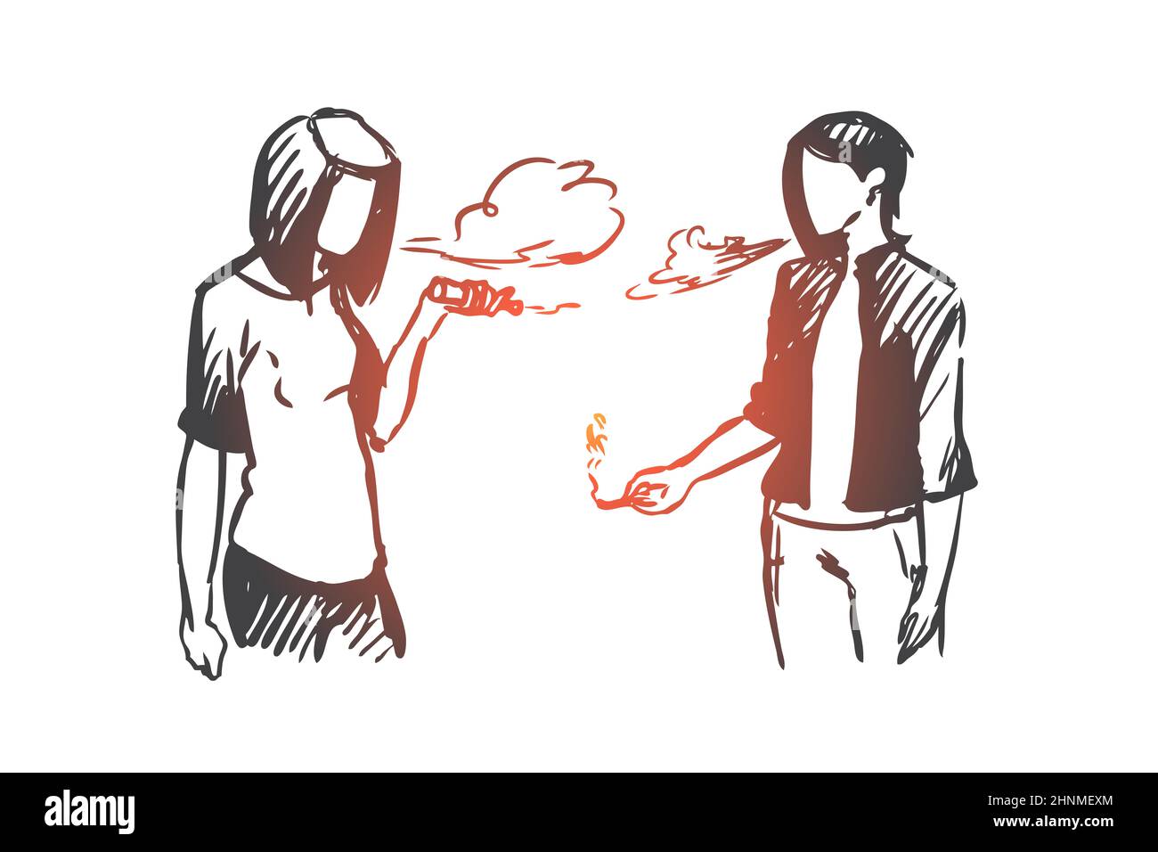 Vape, ecigarette, girl, smoke concept. Hand drawn teenage girls vaping