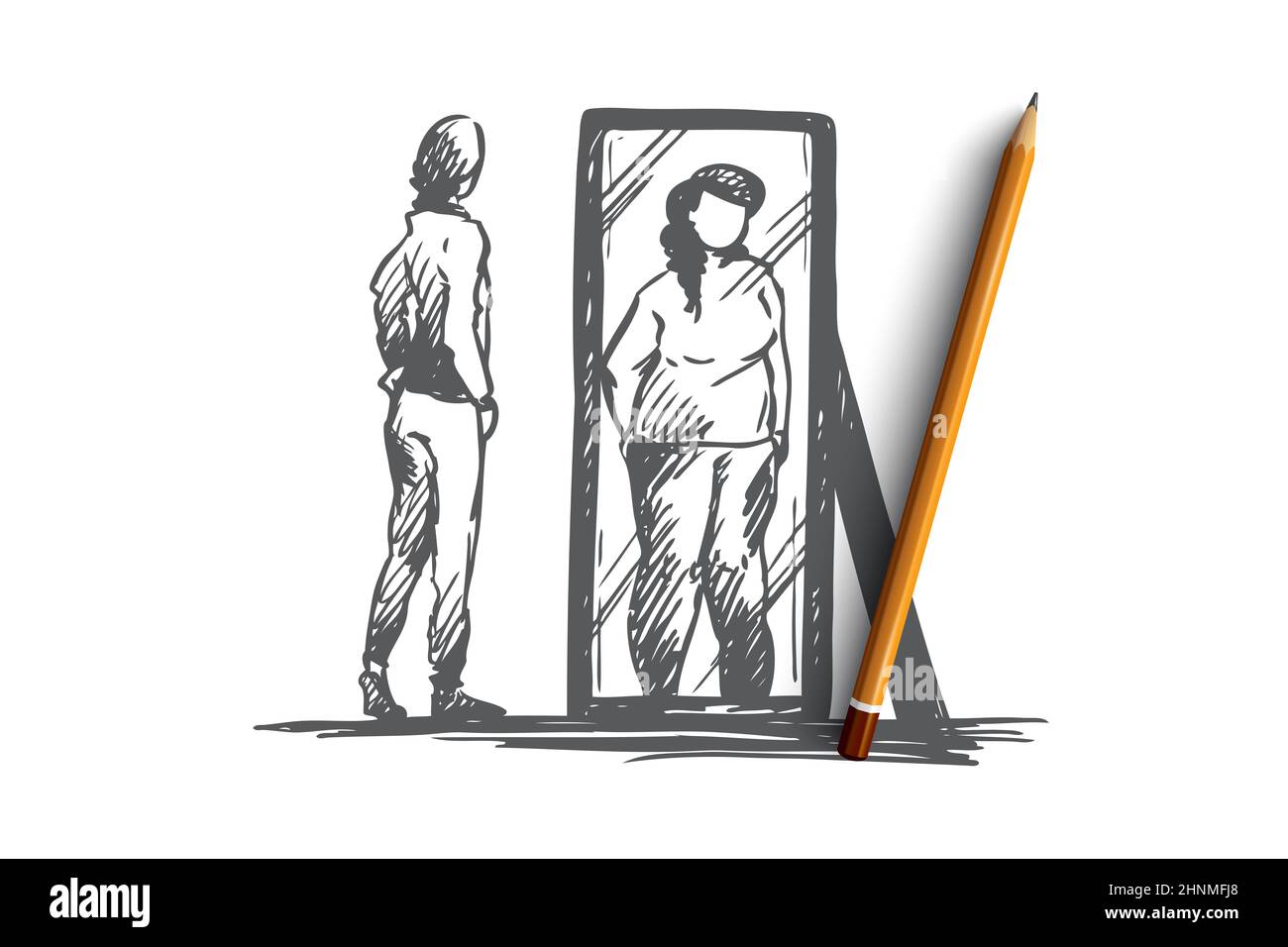 Girl, mirror, body, distorted, weight concept. Hand drawn unhappy teenage girl looks at mirror with distorted body image concept sketch. Isolated vect Stock Photo
