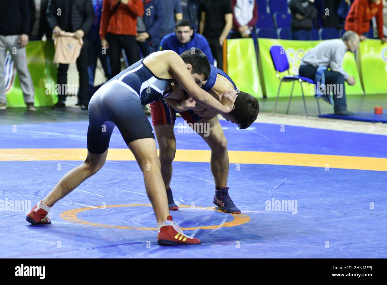 Orenburg, Russia - March 15-16, 2017: Boy compete in sports wrestling Stock Photo