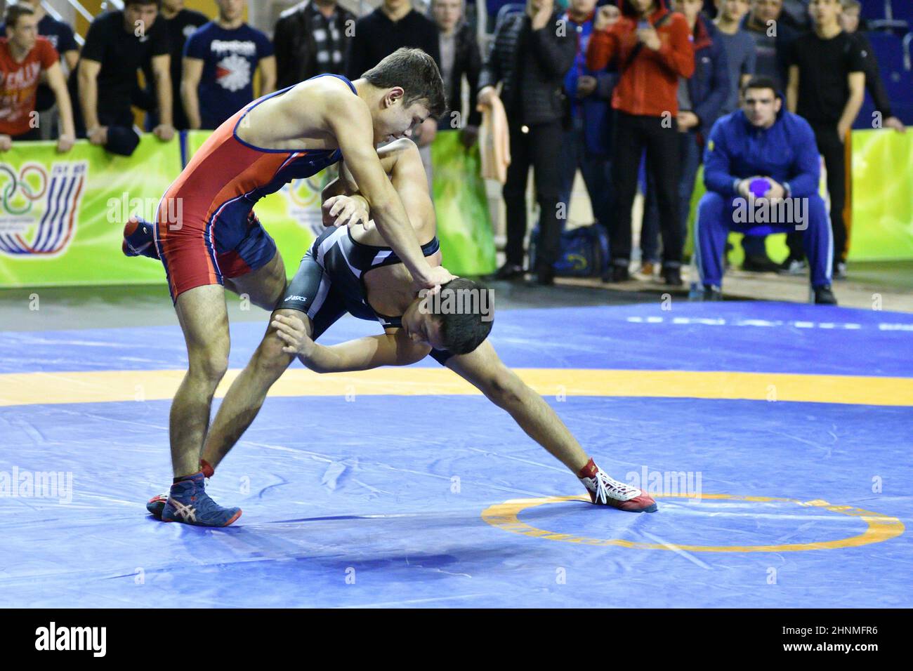 Orenburg, Russia - March 15-16, 2017: Boy compete in sports wrestling Stock Photo