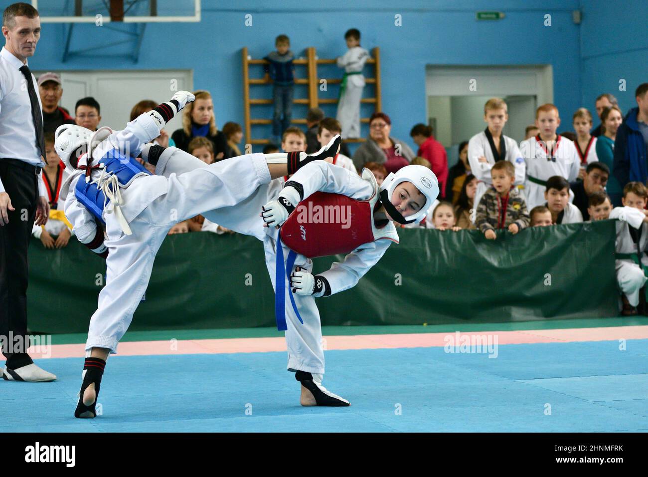 Orenburg, Russia - October 19, 2019: Boy compete in taekwondo - Korean martial arts Stock Photo