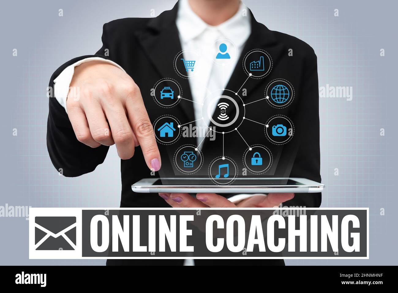 Hand writing sign Online Coaching, Business concept Learning from online and internet with the help of a coach Lady Uniform Standing Tablet Hand Prese Stock Photo