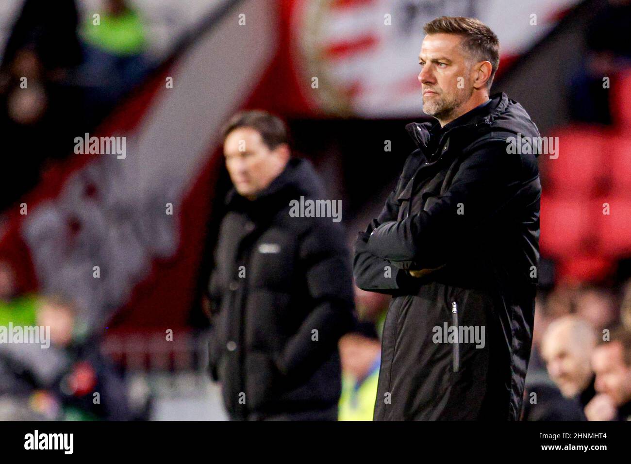 EINDHOVEN, NETHERLANDS - FEBRUARY 17: Head Coach Mladen Krstajic of Macabi Tel-Aviv FC during the UEFA Europa Conference League Knockout Round Play-Offs Leg One match between PSV Eindhoven and Maccabi Tel Aviv at Phillips Stadion on February 17, 2022 in Eindhoven, Netherlands (Photo by Broer van den Boom/Orange Pictures) Stock Photo