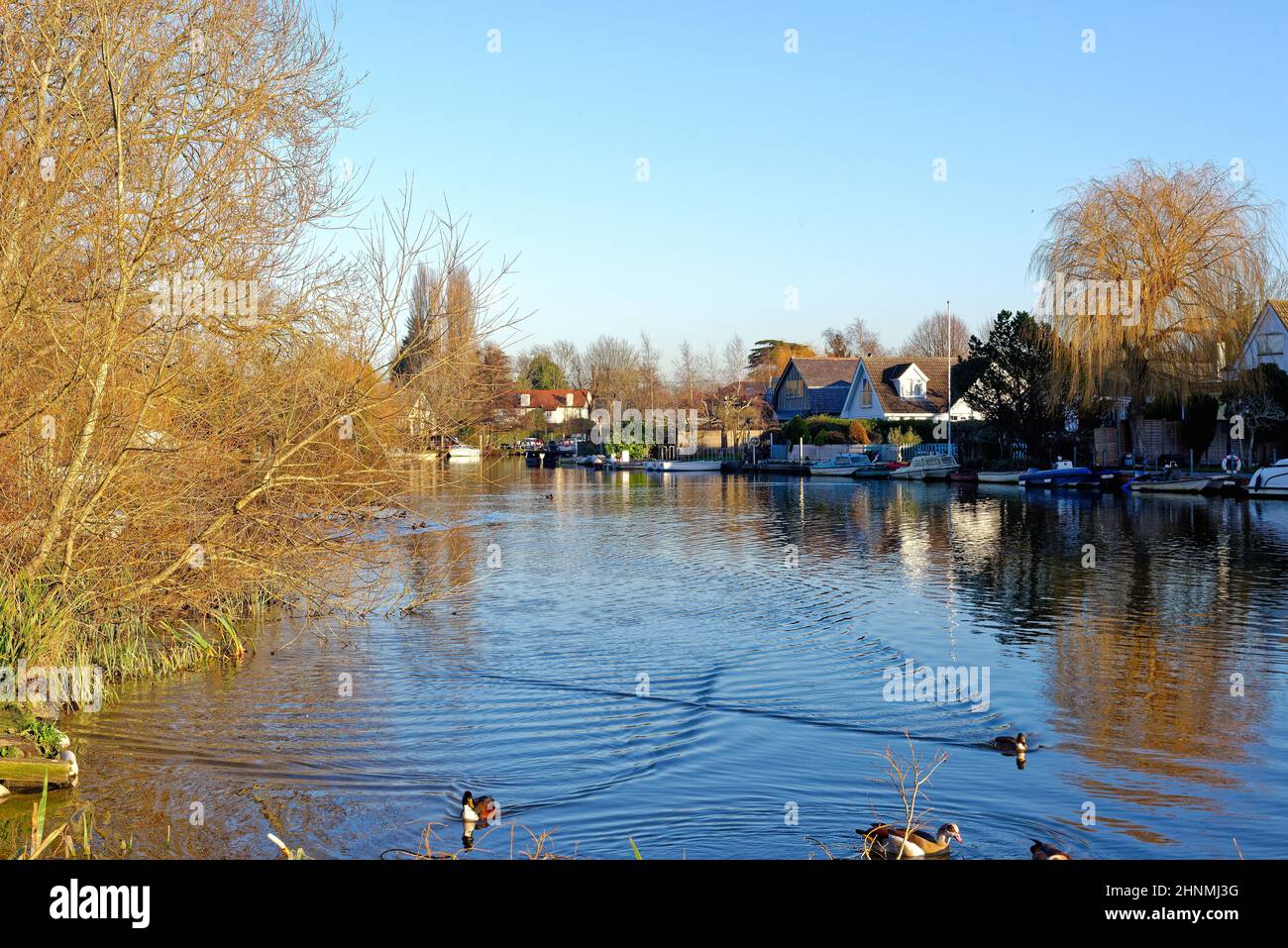 The riverside at Shepperton on a cold and sunny winters day Surrey