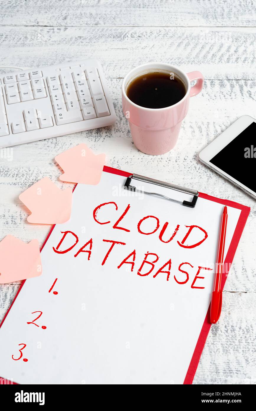 Text showing inspiration Cloud Database, Word Written on optimized or built for a virtualized computing environment Typing New Ideas Business Planning Stock Photo