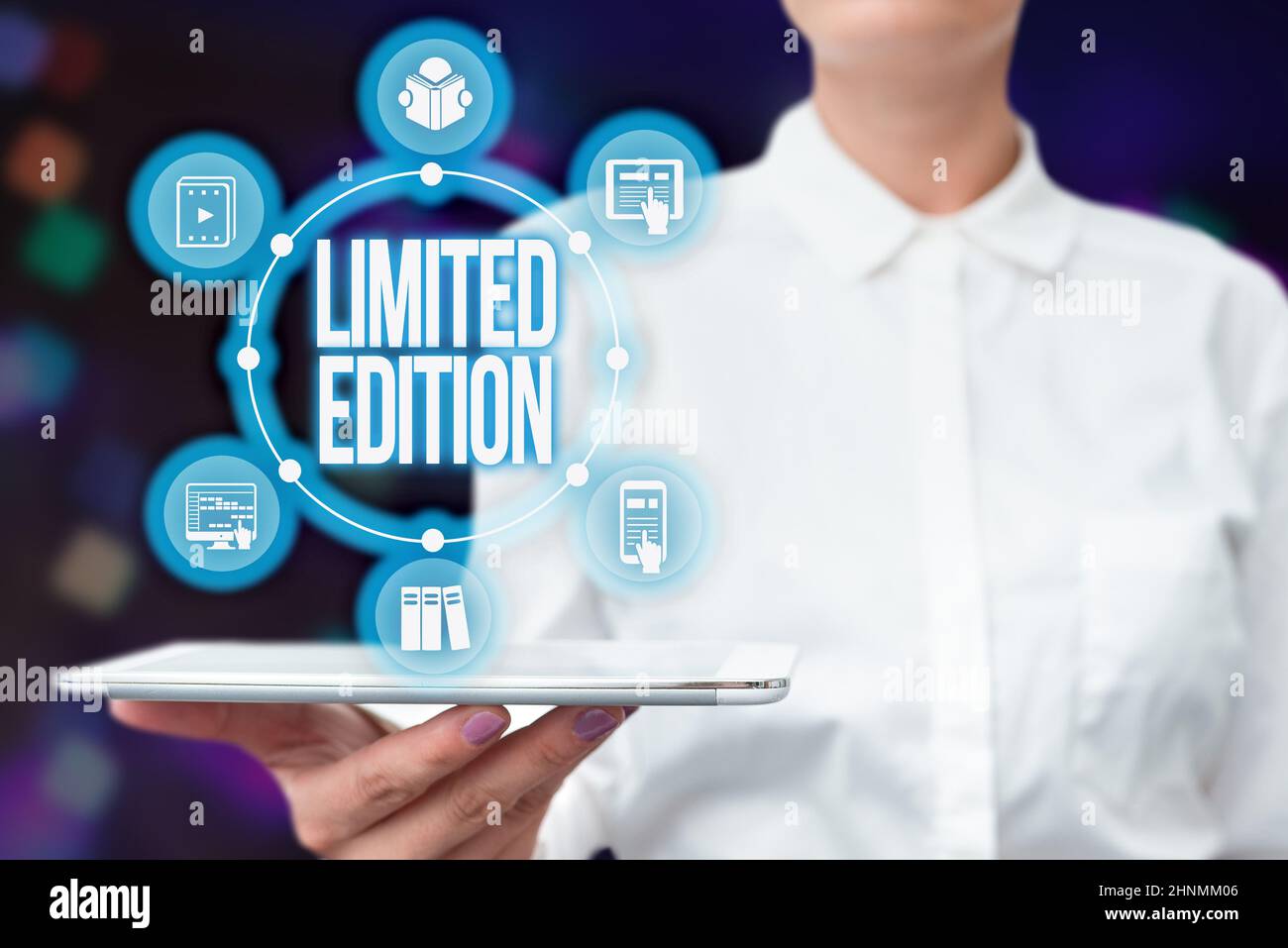 Conceptual caption Limited Edition, Word for Work of something which is only produced in small numbers Lady Uniform Standing Tablet Hand Presenting Vi Stock Photo