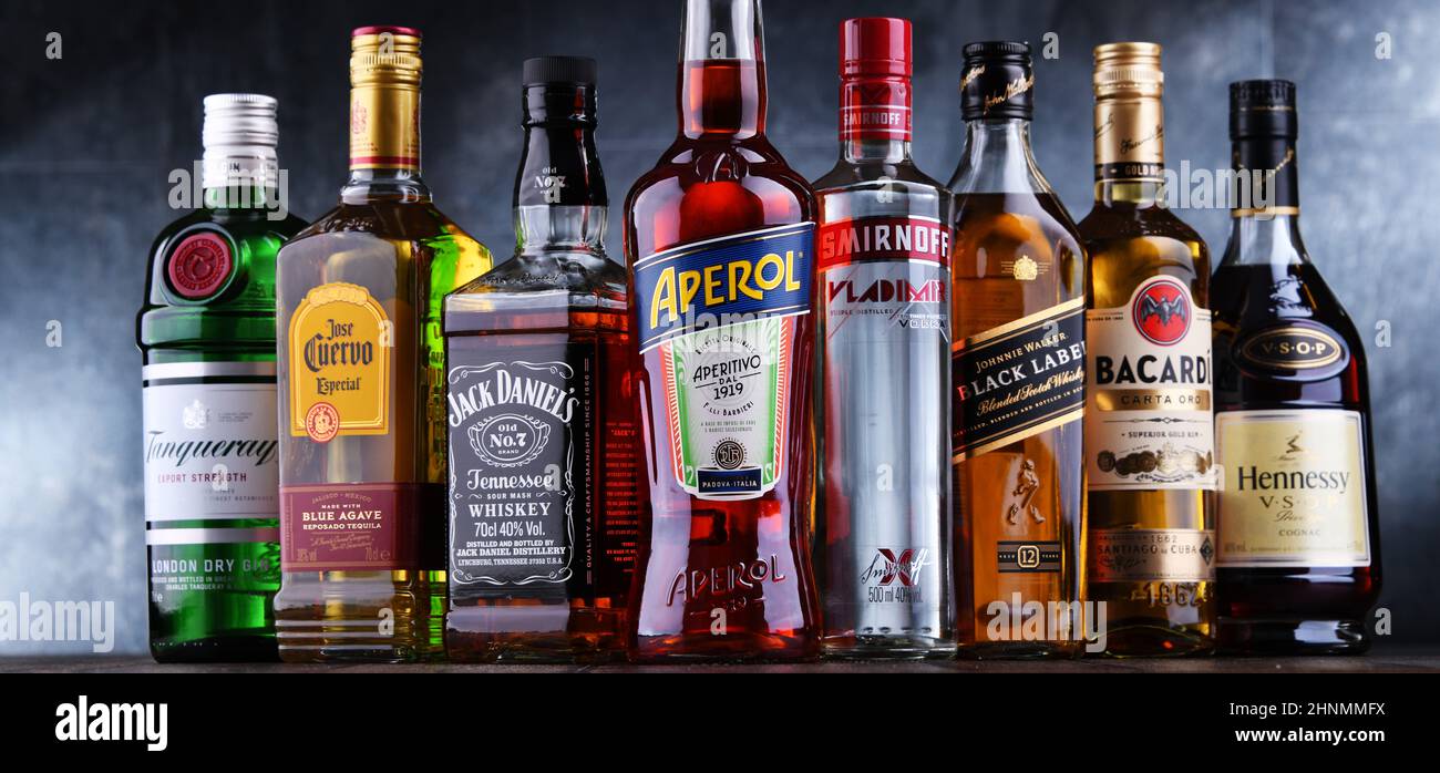 Bottles of assorted global liquor brands Stock Photo Alamy
