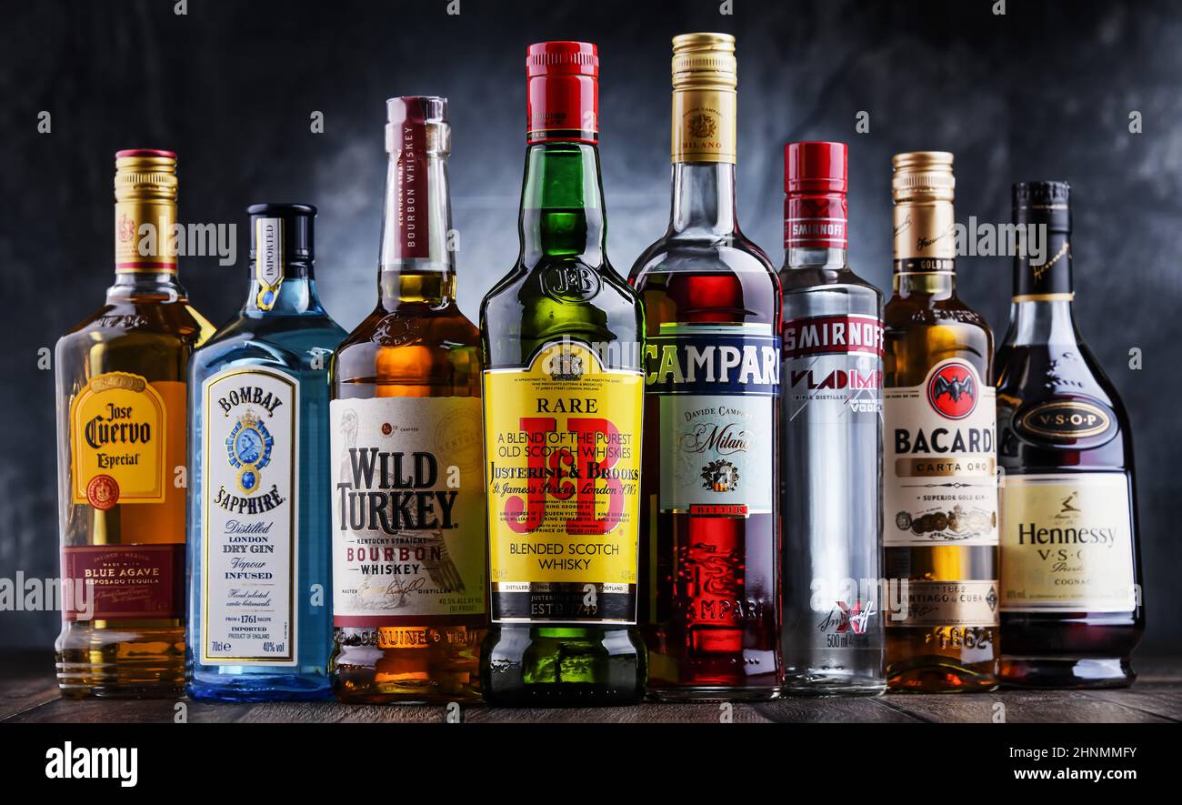 Bottles of assorted global liquor brands Stock Photo