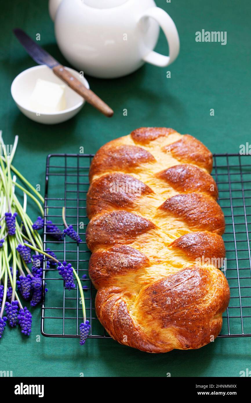 Challah made from yeast dough, a traditional festive dessert bread. Stock Photo
