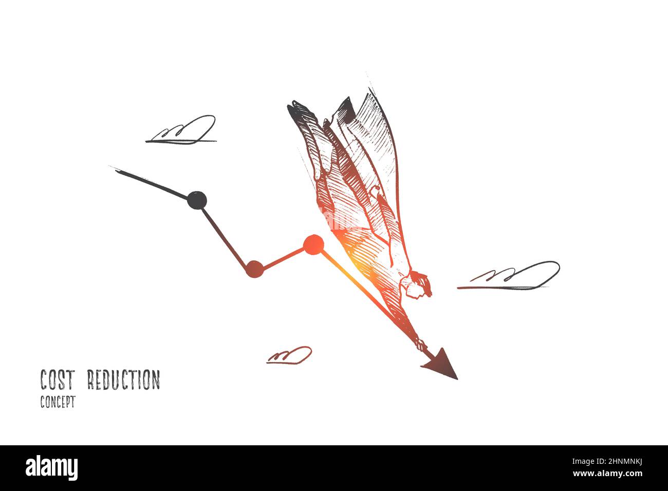 Cost reduction concept. Hand drawn graph of cost reduction comes down ...
