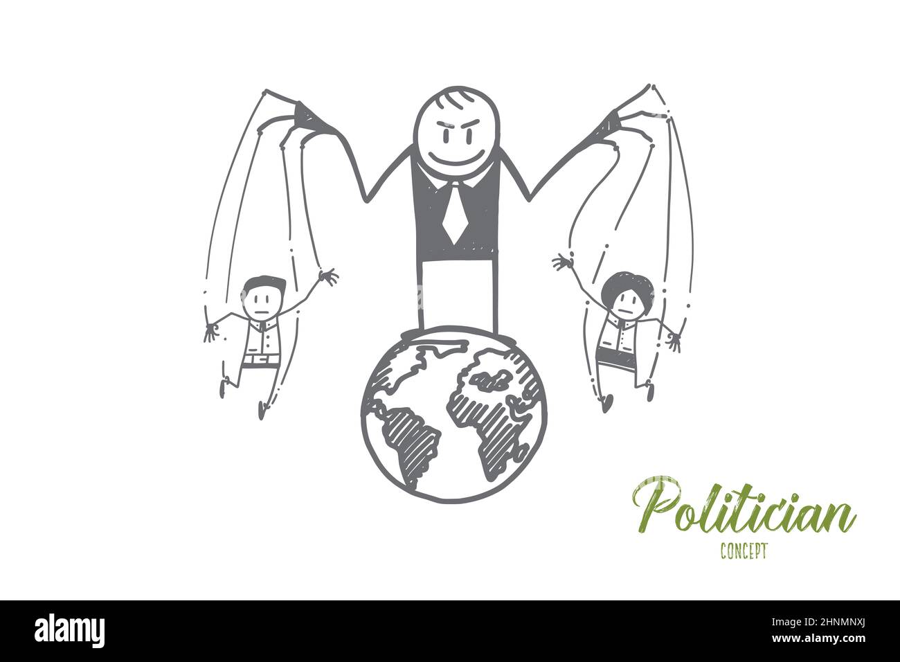 Vector hand drawn Politician concept sketch. Politician standing on globe and playing with small people as puppets Stock Photo