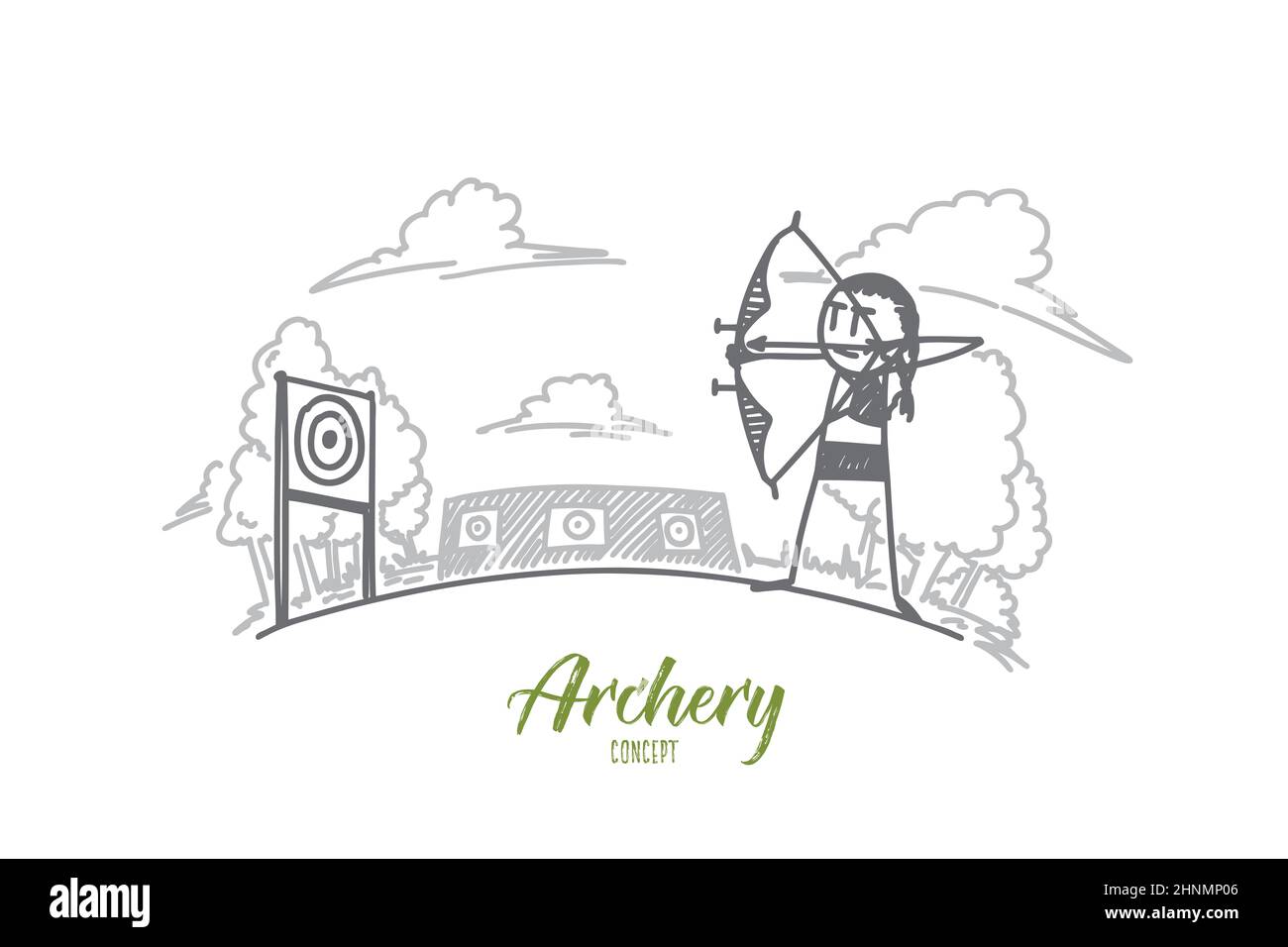 Archery concept. Hand drawn archery athlete aiming at a target in the
