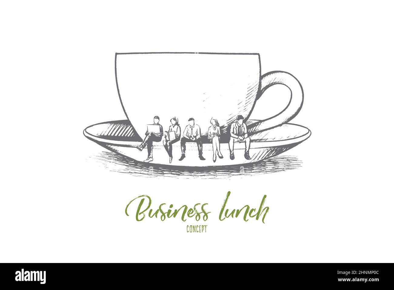 Business lunch concept. Hand drawn Business people meeting and eating