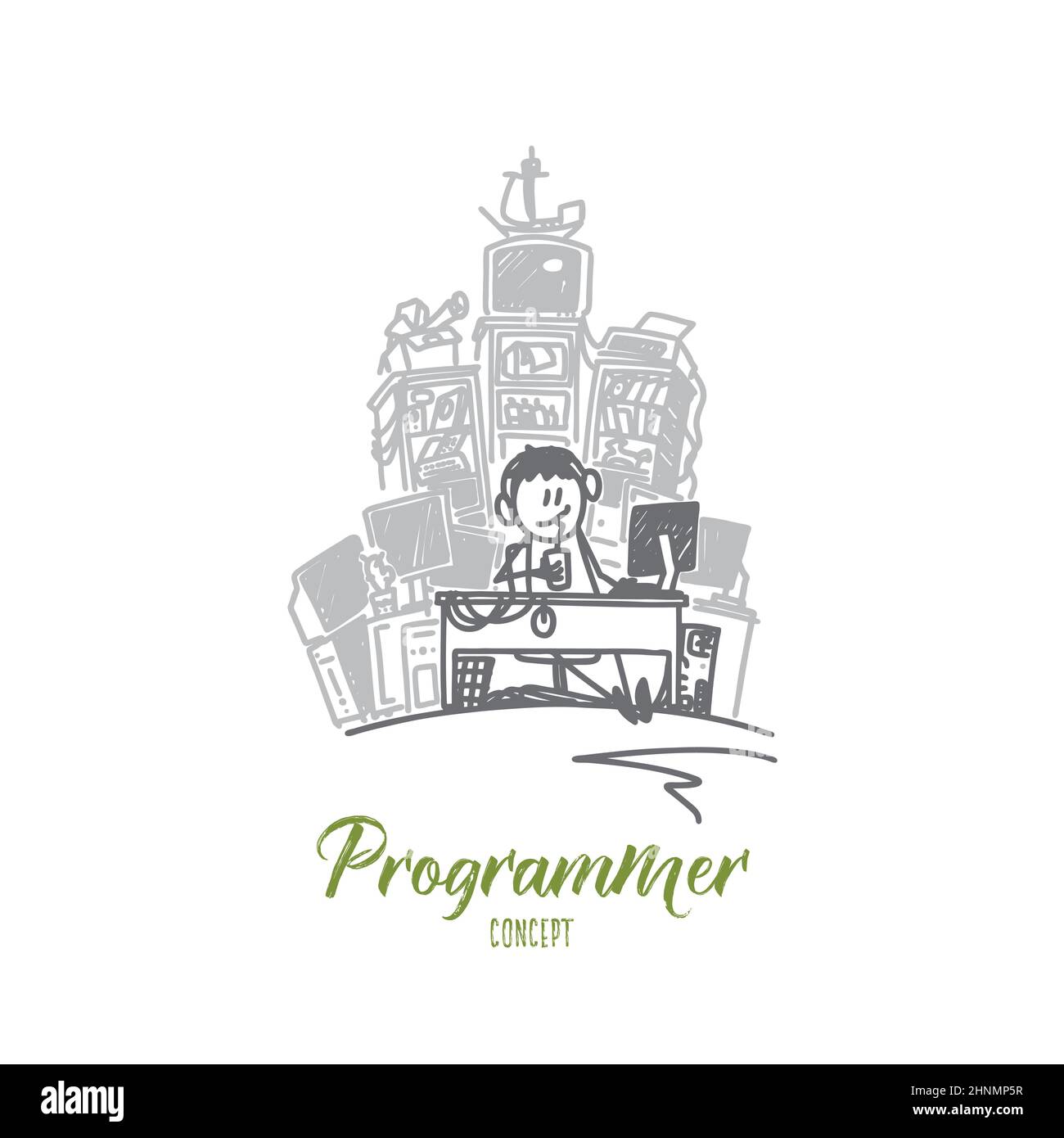 Programmer concept. Hand drawn male developer with computer. Man ...