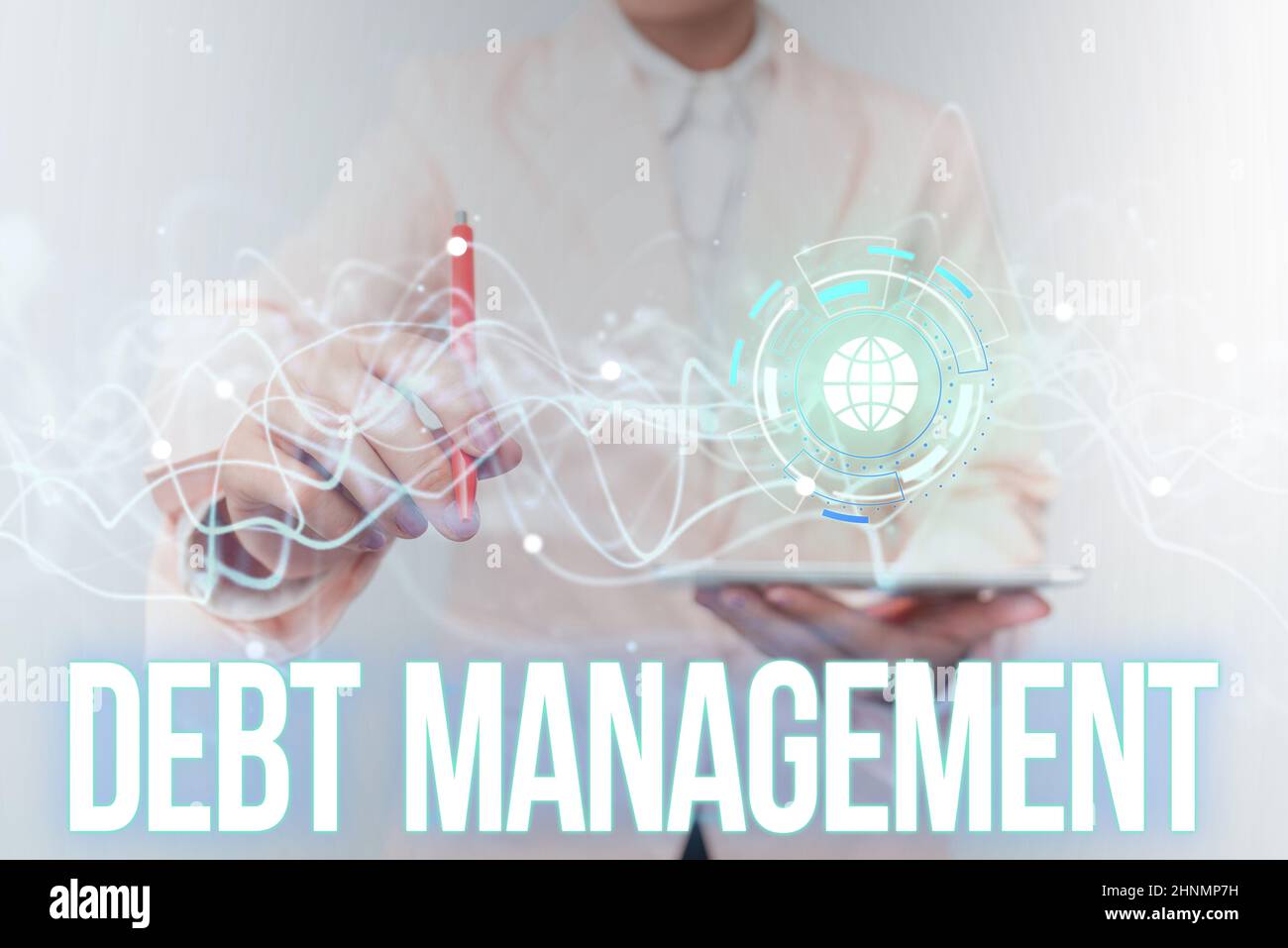 Conceptual display Debt Management, Business approach The formal agreement between a debtor and a creditor Lady In Uniform Using Futuristic Mobile Hol Stock Photo