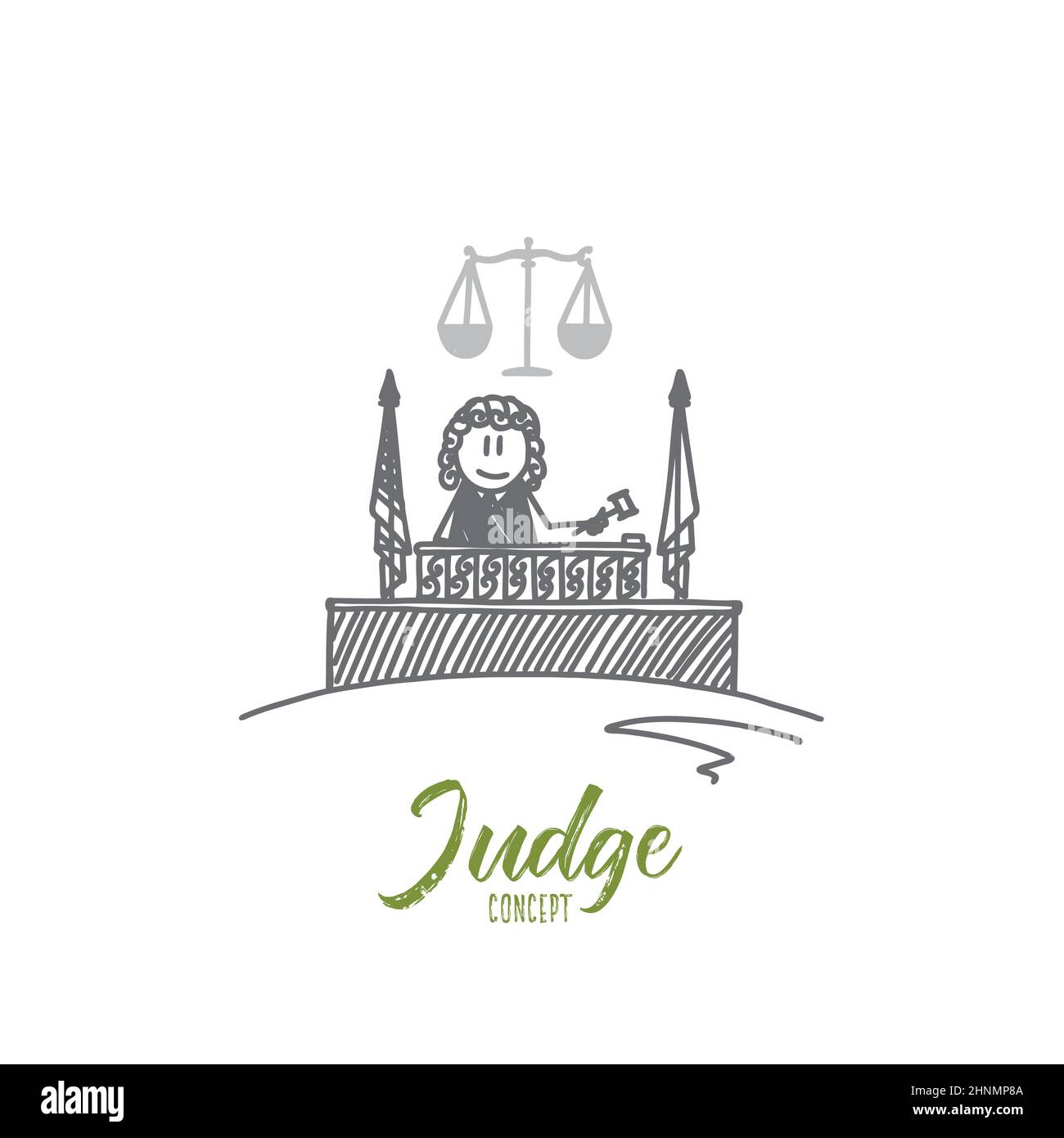 Judge concept. Hand drawn judge. Hammer of a judge and libra the symbols of law isolated vector illustration. Stock Photo