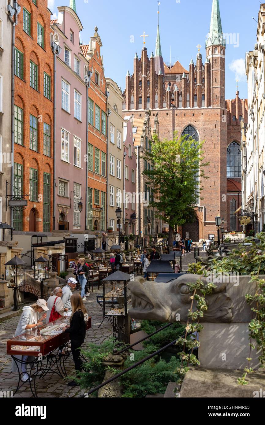 Group of people on Mariacka Street, the main shopping street for the amber and jewelry in Gdansk, Poland. Stock Photo