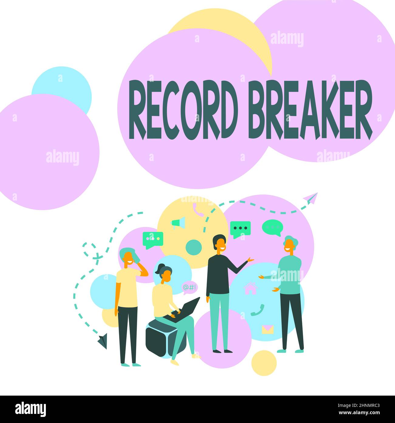 Text showing inspiration Record Breaker, Business idea someone or something that beats previous best result Four Colleagues Illustration Having Conver Stock Photo