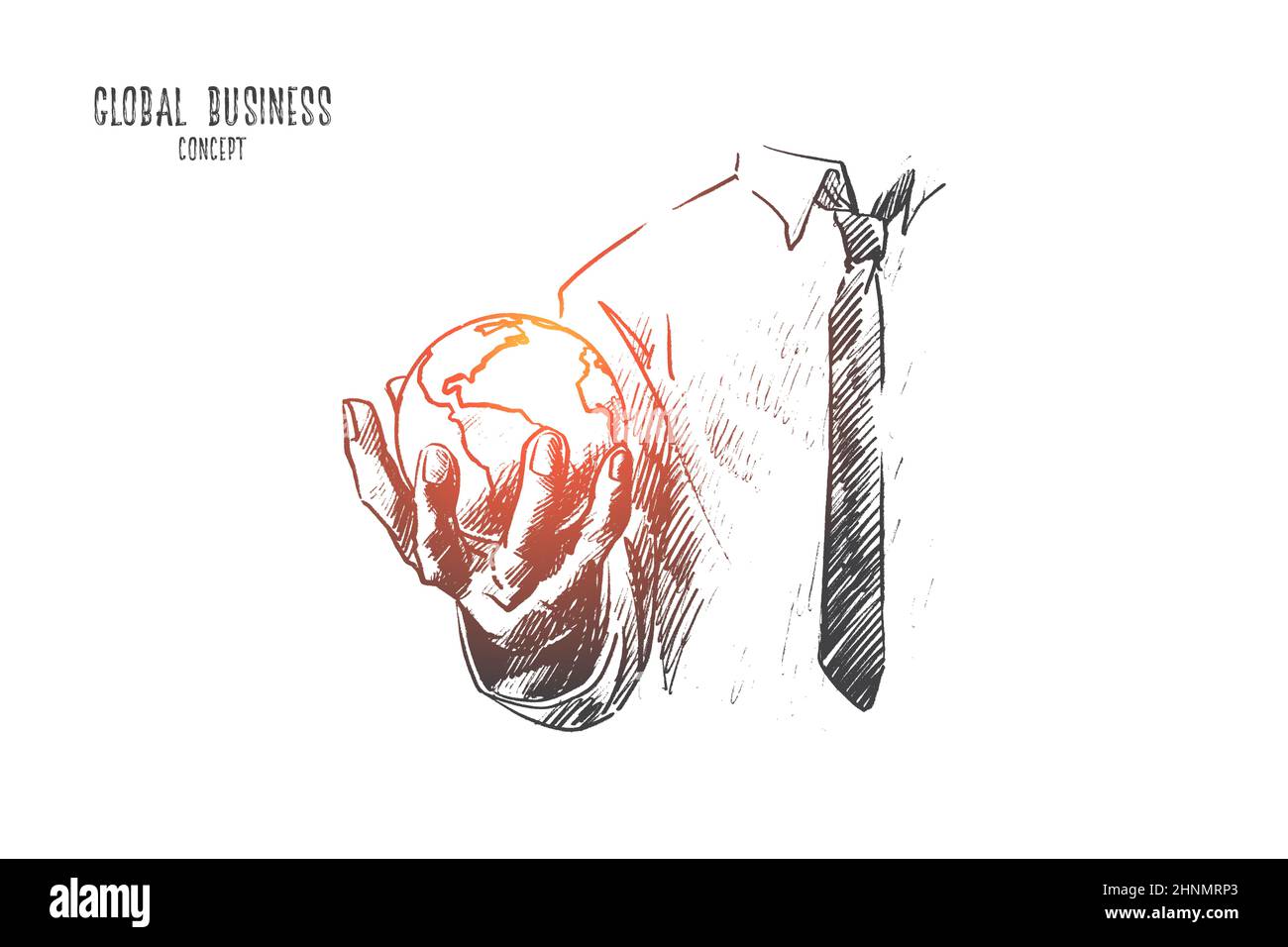 Global business concept. Hand drawn Earth globe in hand of businessman ...