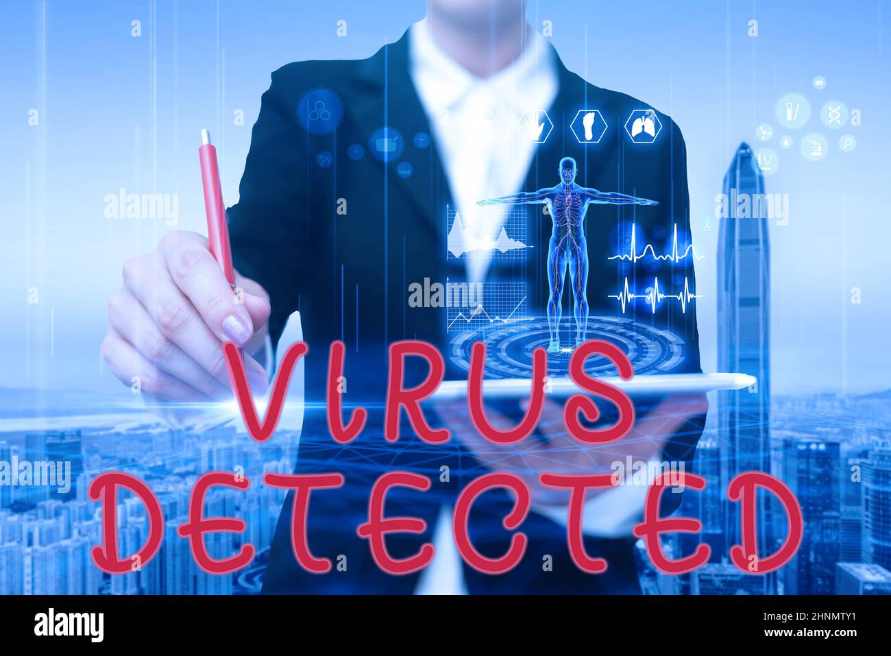 Writing displaying text Virus Detected, Business concept A computer program used to prevent and remove malware Woman Pointing The Top Screen Of Tablet Stock Photo