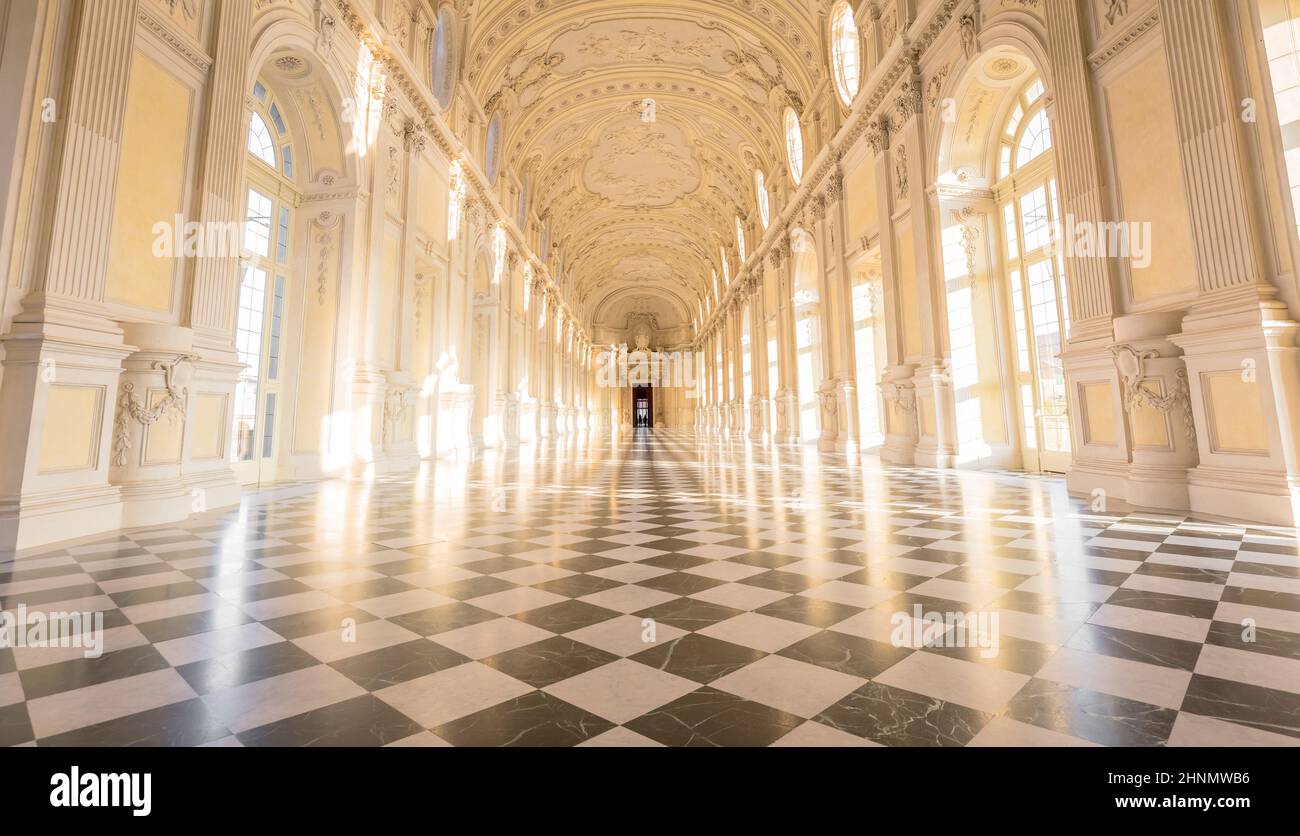 Gallery interior with amazing luxury marble, Venaria Reale, Italy. Stock Photo