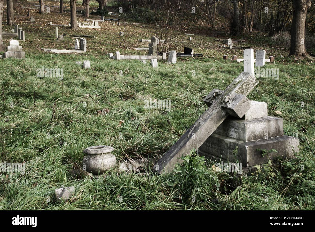 Deserted overgrown graveyard with grey stone headstones Stock Photo