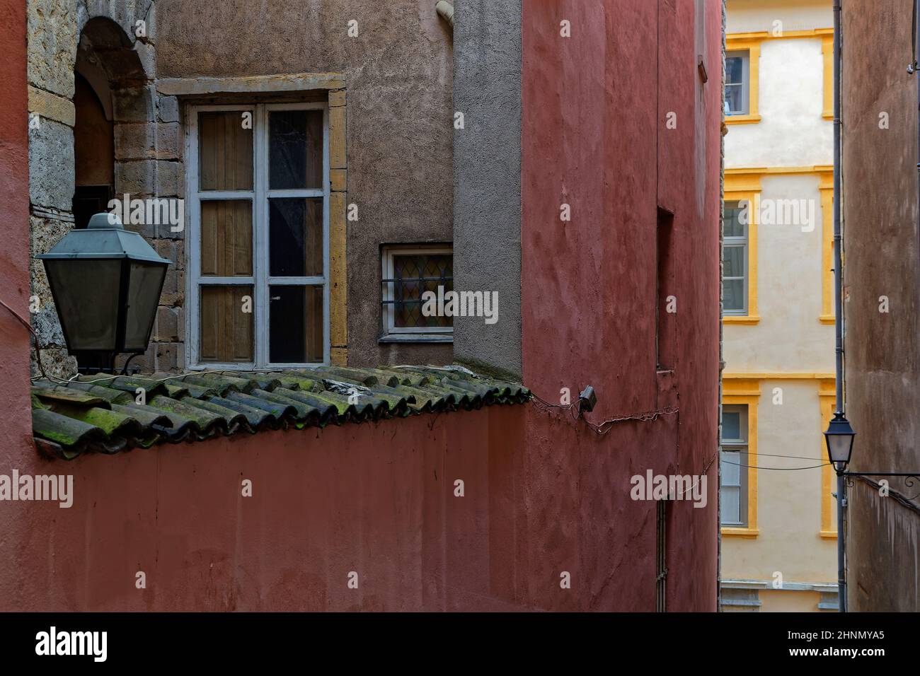 LYON, FRANCE, February 16, 2022 : Traditional architecture of old Renaissance buildings in the Vieux-Lyon district. Stock Photo