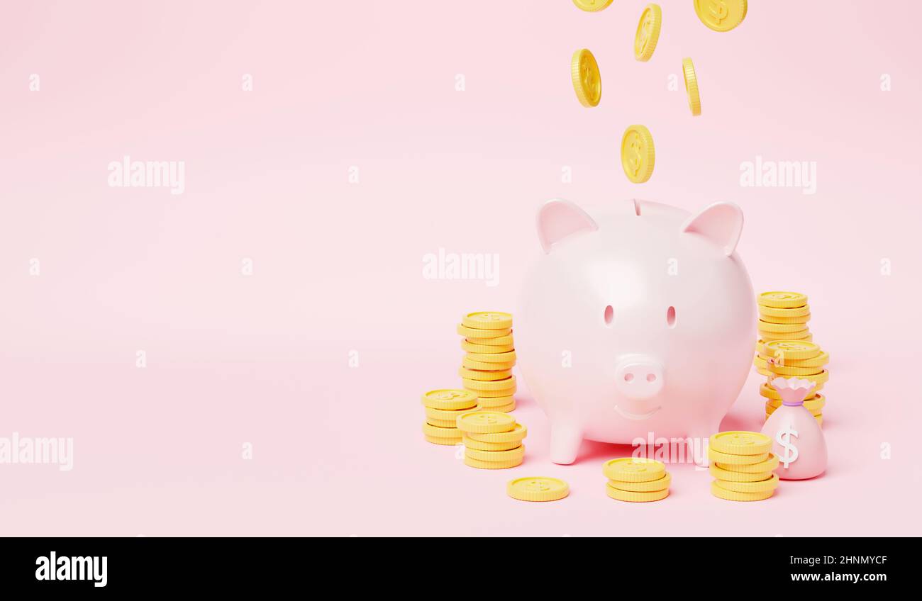 Piggy bank with coin money raining falling to piggy on pink background ...