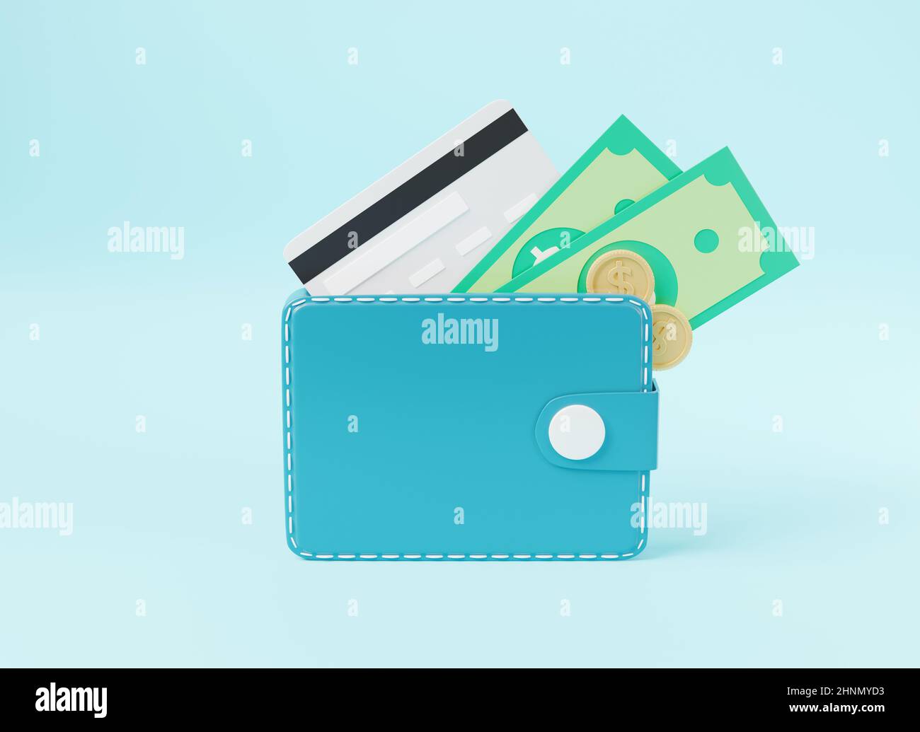 Leather wallet with credit cards, coins and banknote bill inside icon on blue background, finance money saving concept, shopping online payment transf Stock Photo