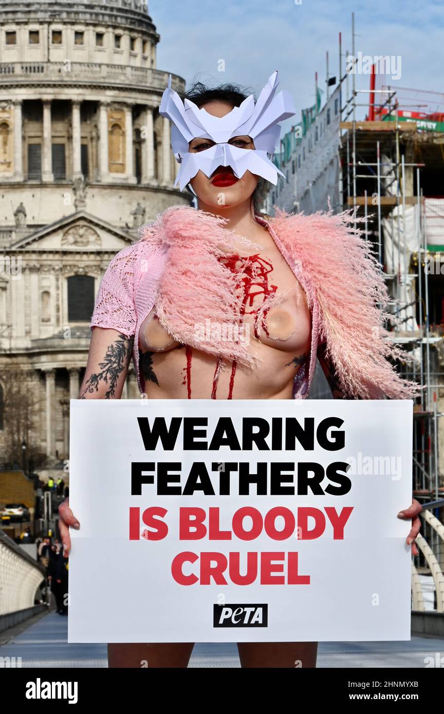 London, UK. PETA activists wearing bird masks and with 'bloodied and plucked chests' protested against the use of feathers at London Fashion Week, Millenium Bridge, London. Stock Photo