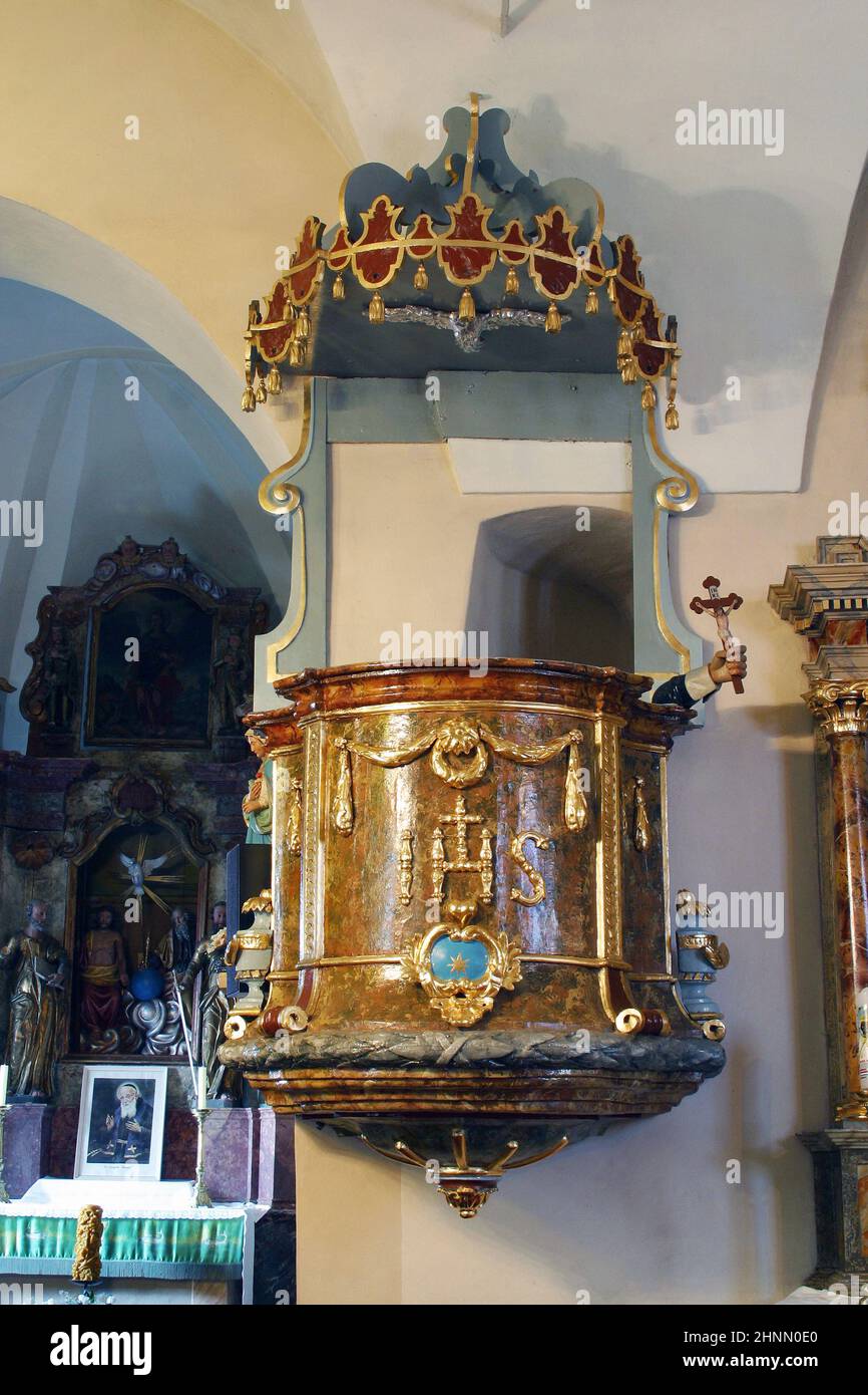 Pulpit in the Parish Church of the Visitation of the Virgin Mary in Vinagora, Croatia Stock Photo