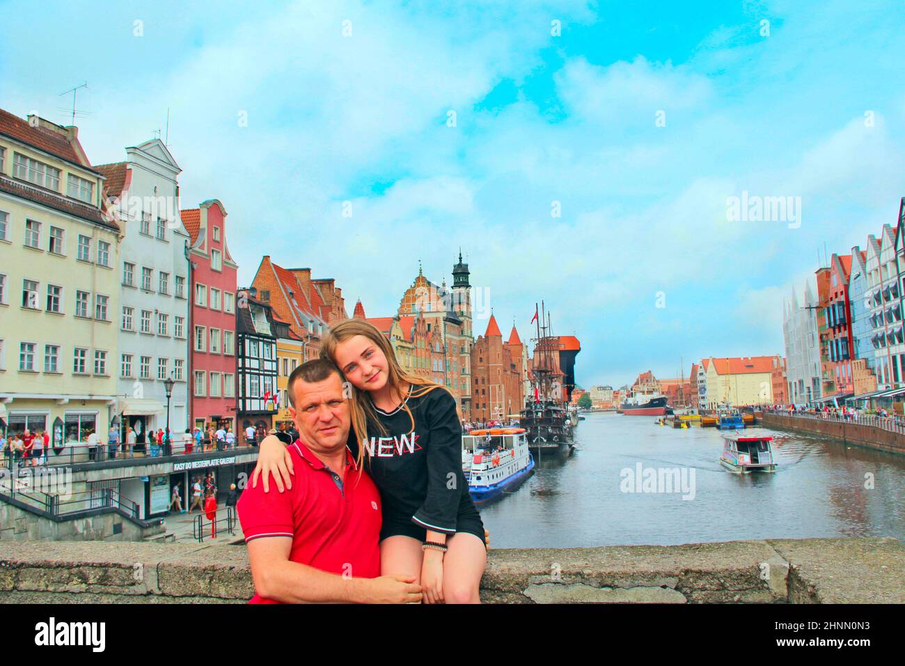 Happy dad and daughter enjoy life. Family vacation in Polish Gdansk Stock Photo