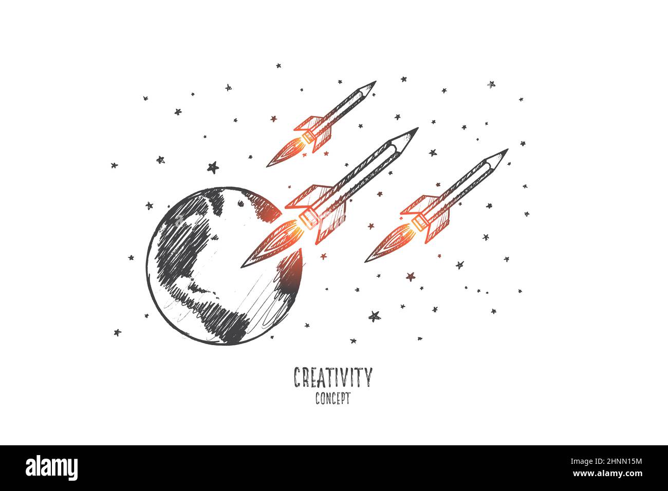 Creative team concept. Hand drawn rockets flying in cosmos. Rockets as ...