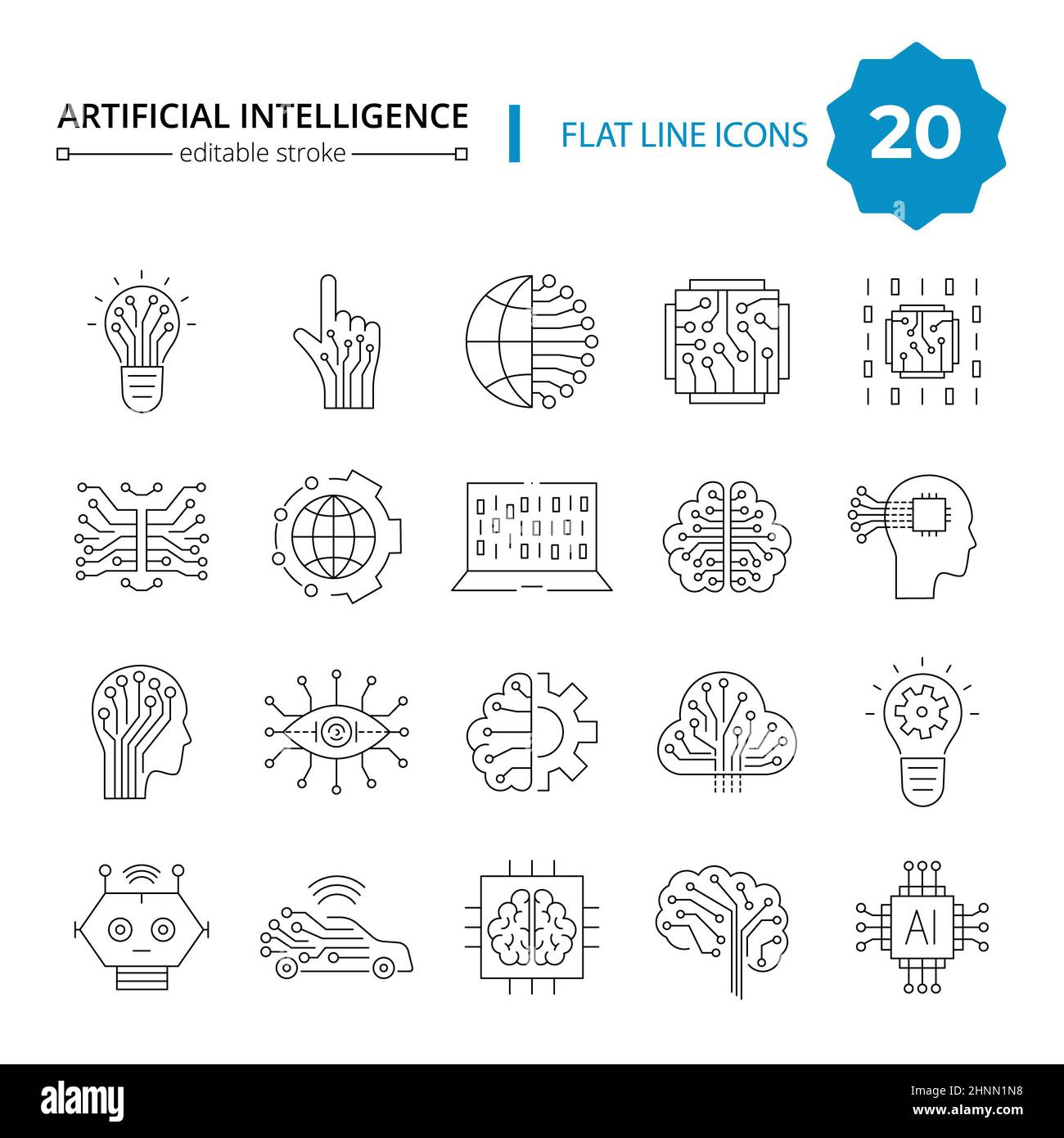 Artificial intelligence and machine learning line icon set. Simple thin ...