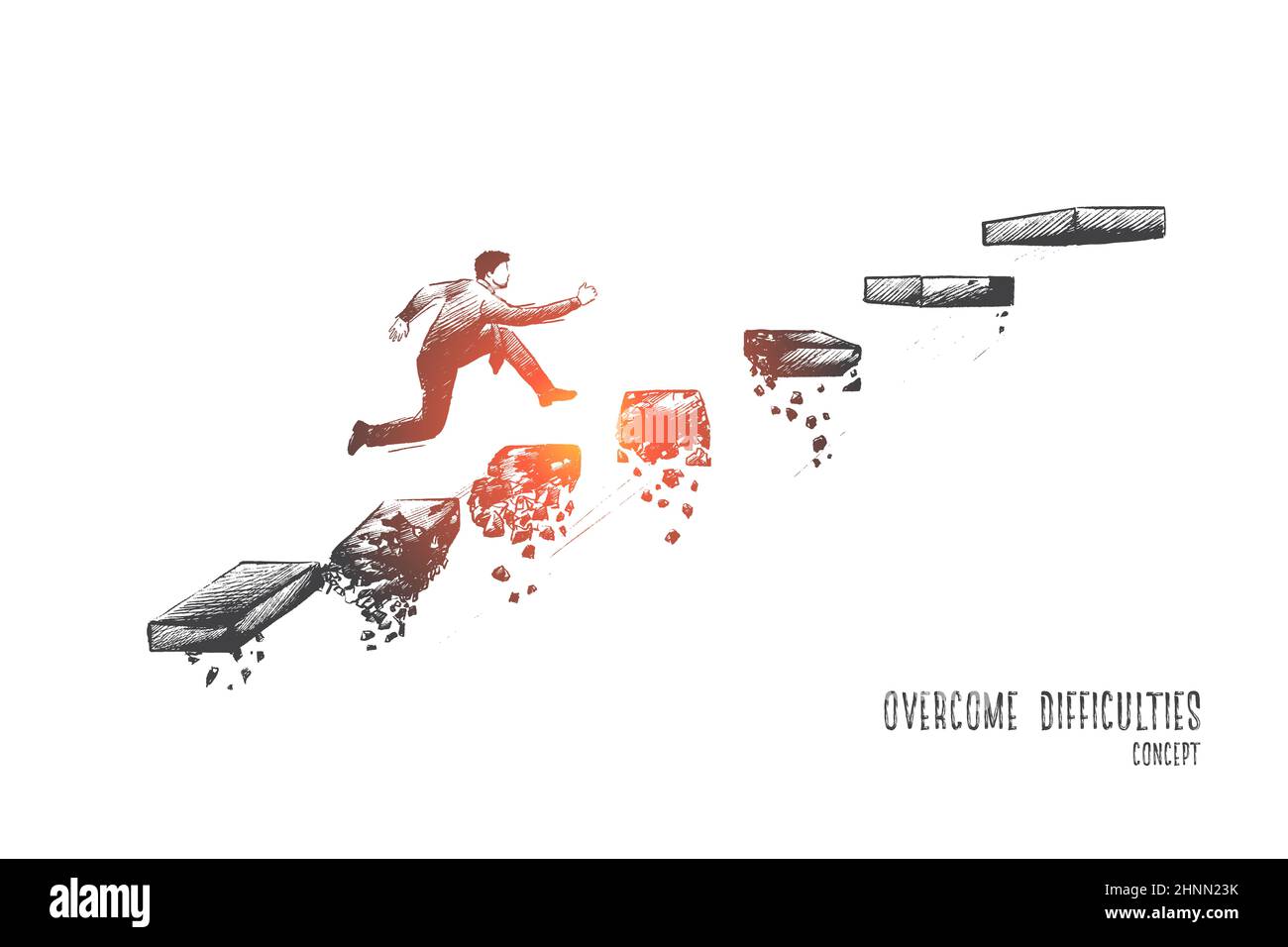 difficulties concept. Hand drawn man climbs steps of