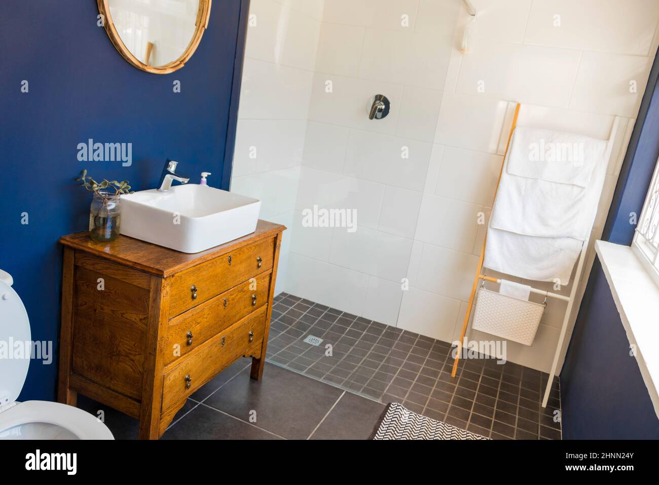 Noble bathroom, toilet in royal blue Cape Town, South Africa Stock