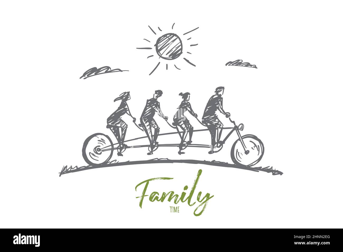 Vector hand drawn Family time concept sketch. Family consisting of four members riding one big bicycle together in summer. Lettering Family time Stock Photo