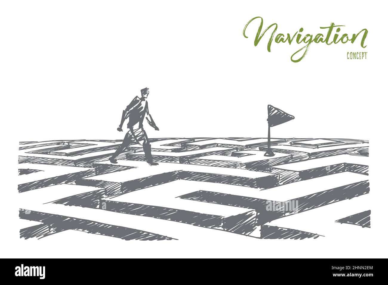 Vector hand drawn navigation concept sketch. Man walking alone above maze towards navigation flag. Lettering Navigation concept Stock Photo