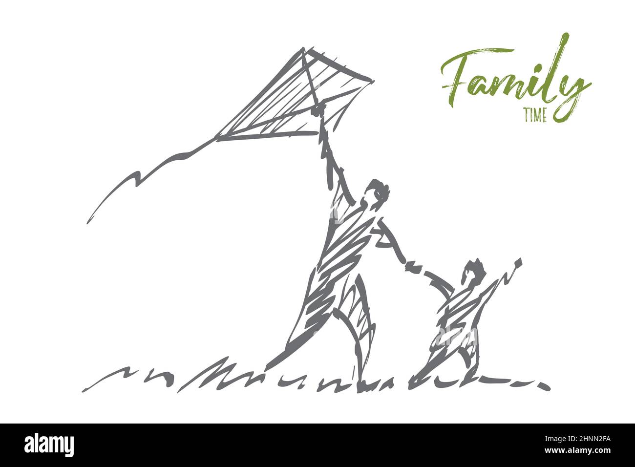 Vector hand drawn Family time concept sketch. Dad and son flying kite together in summer. Lettering Family time Stock Photo
