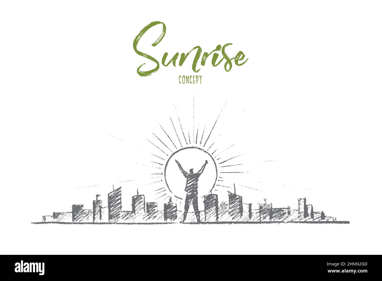 Vector hand drawn sunrise concept sketch. Man standing with raised ...