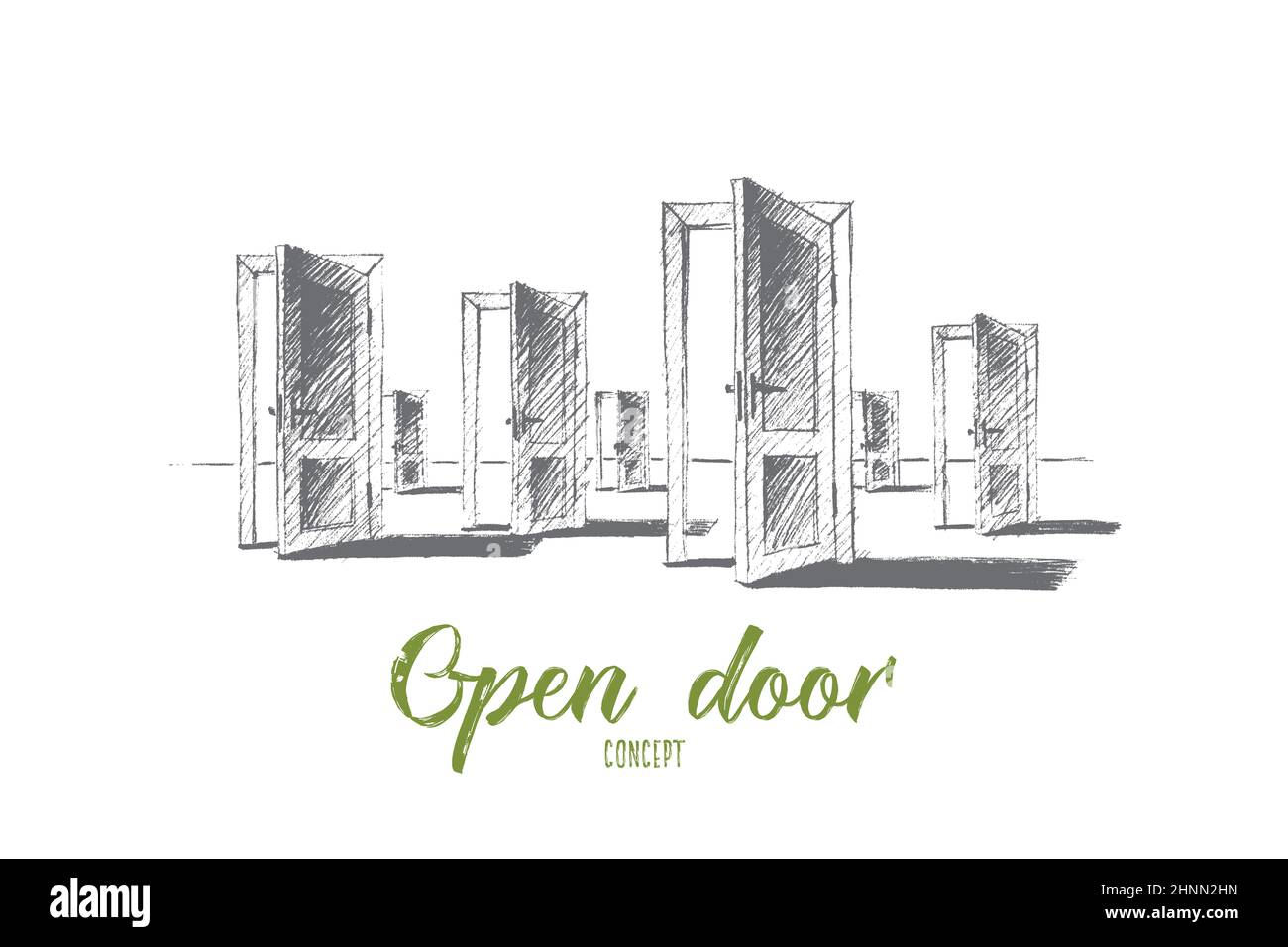 Vector hand drawn open doors concept sketch. Many open doors meaning